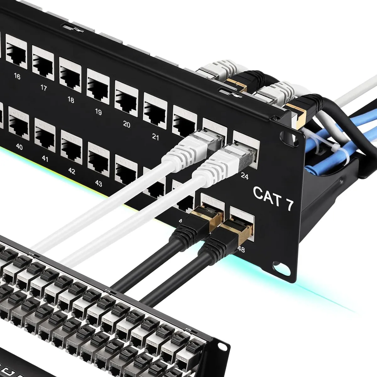 Black 19-inch 2U rack patch panel with 48 gold RJ45 ports and removable rear bar