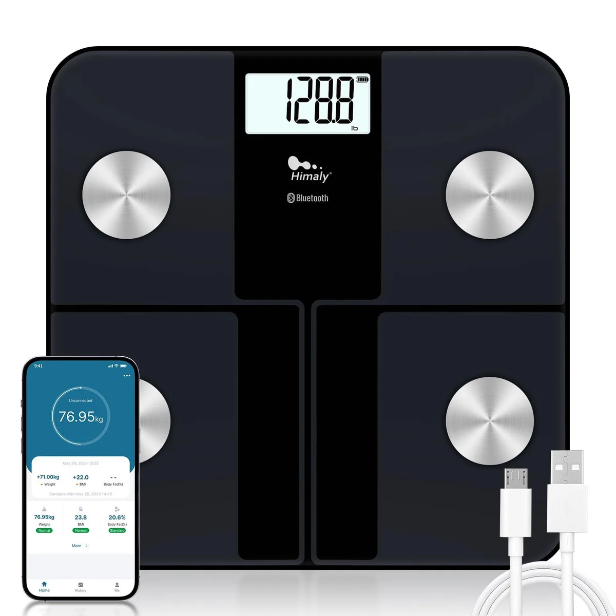 Thin black glass floor scale with rounded corners and LCD display