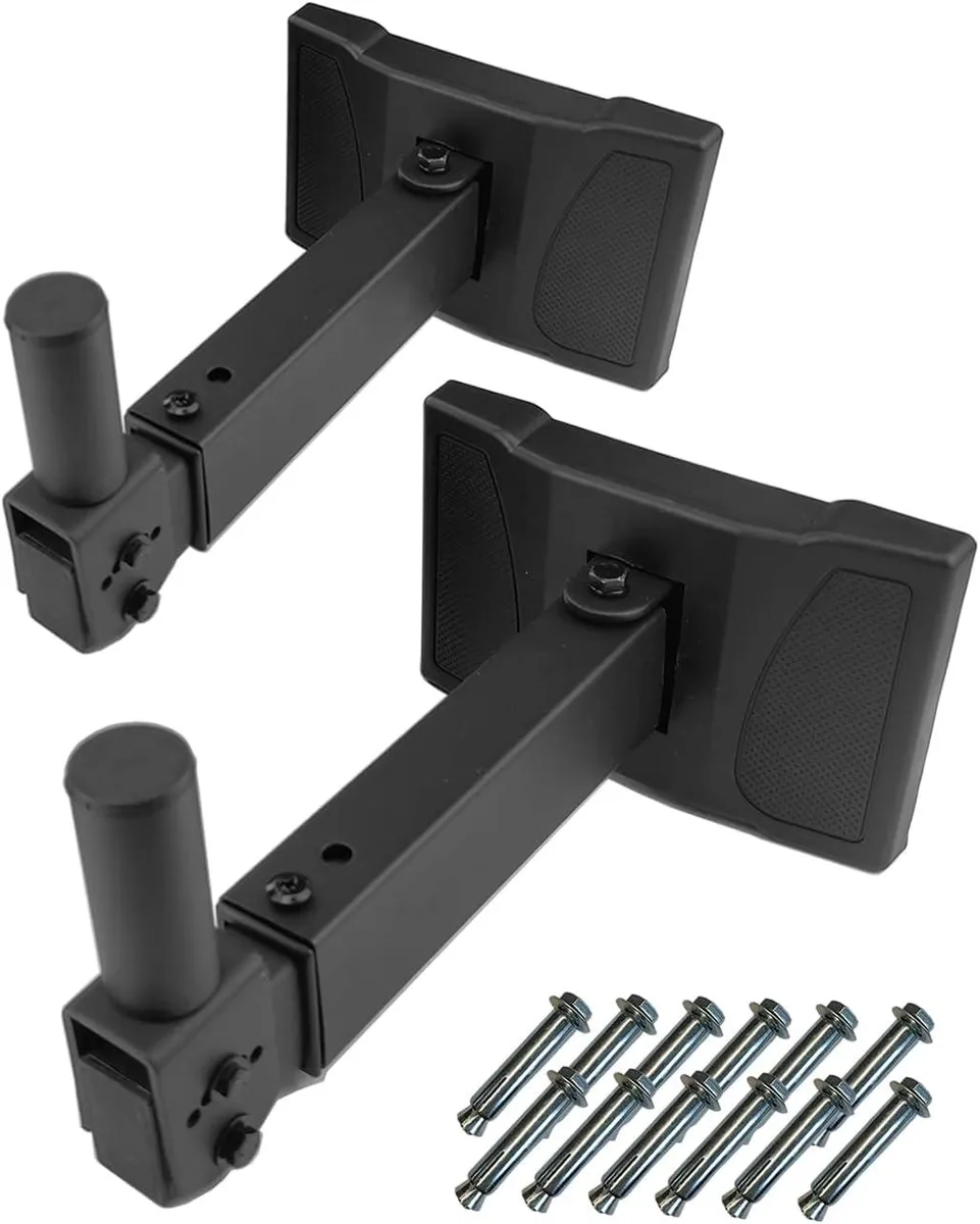 Pair of black steel speaker wall brackets with telescoping arms and hidden screws
