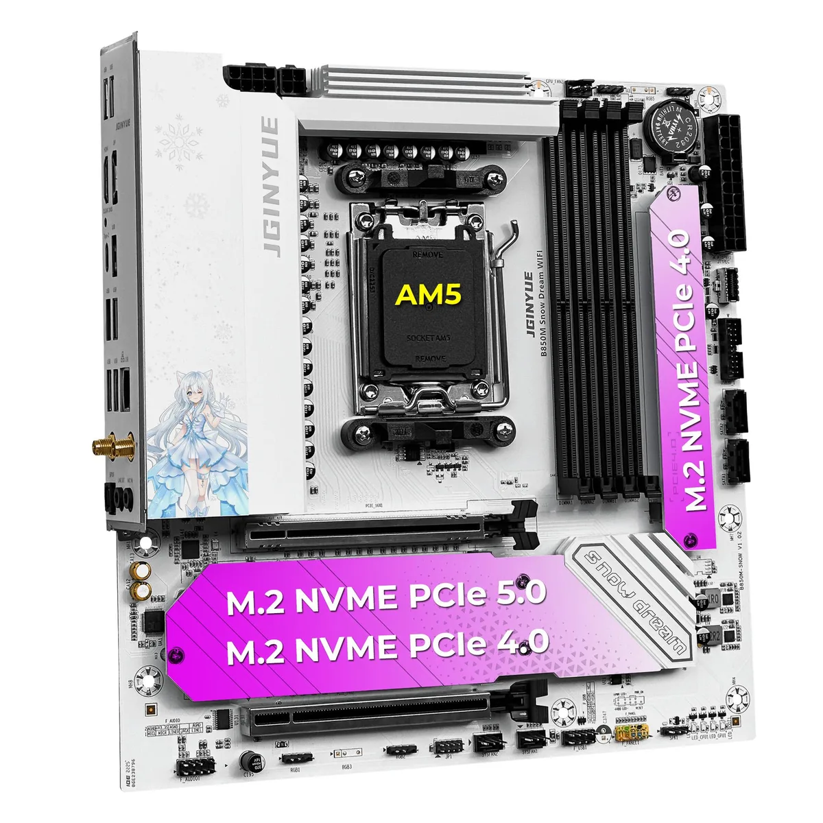 JGINYUE JGINYUE B850M Snow Dream WiFi AMD motherboard — product photo
