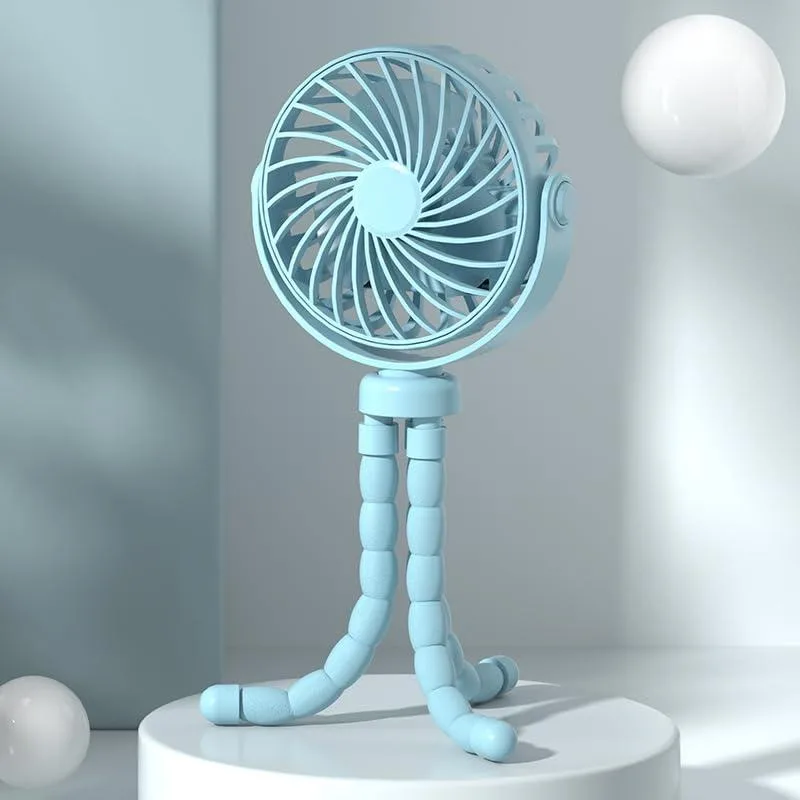 Blue plastic octopus fan with flexible wrap-around legs, clip base, and rechargeable battery