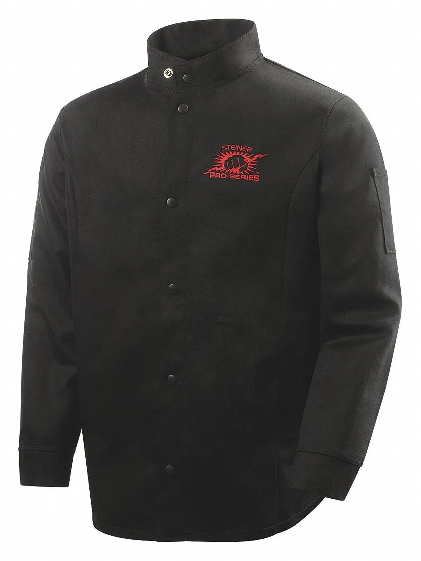 Black cotton welding jacket with snap closure and mandarin collar