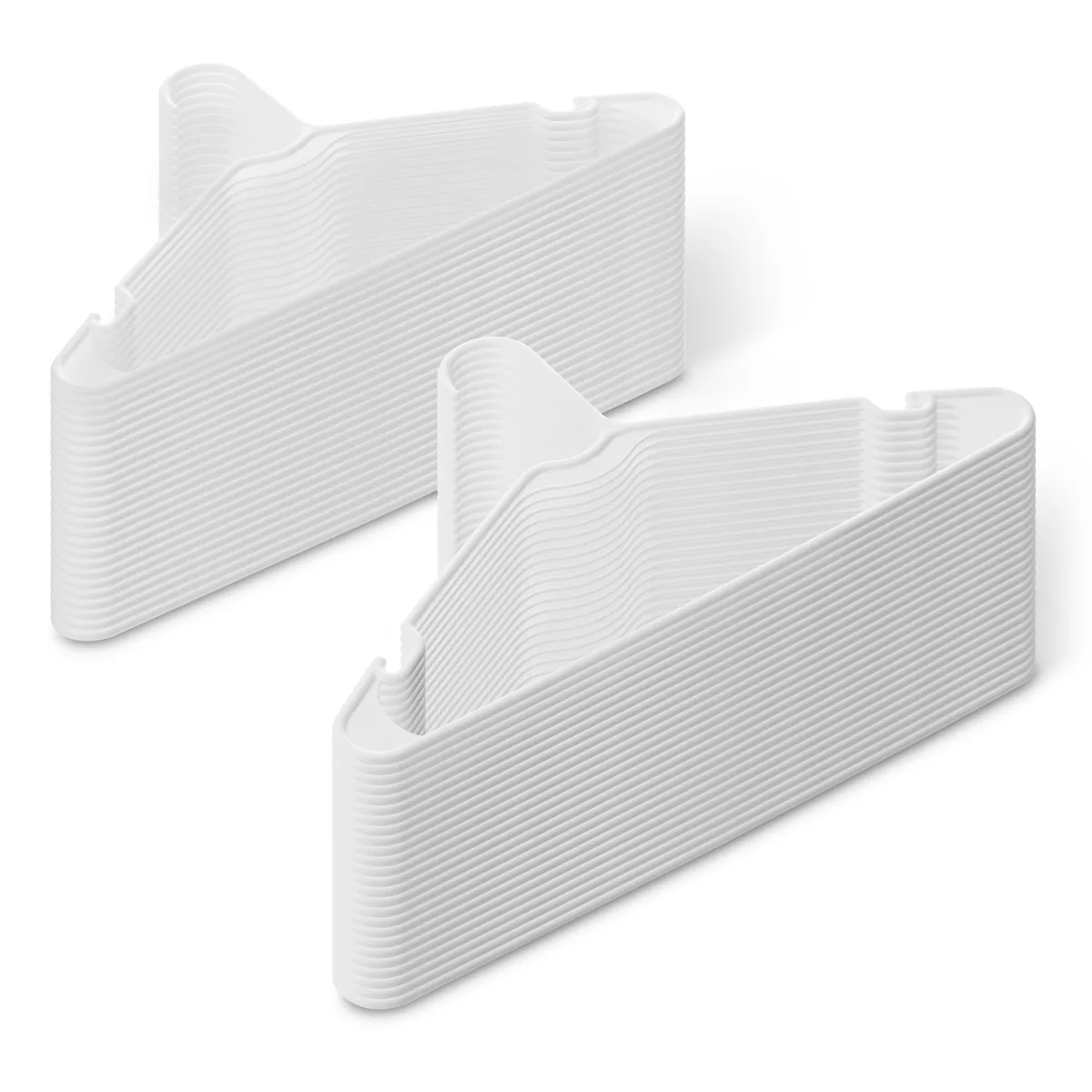 Fifty white plastic adult-size clothes hangers with slim curved hooks