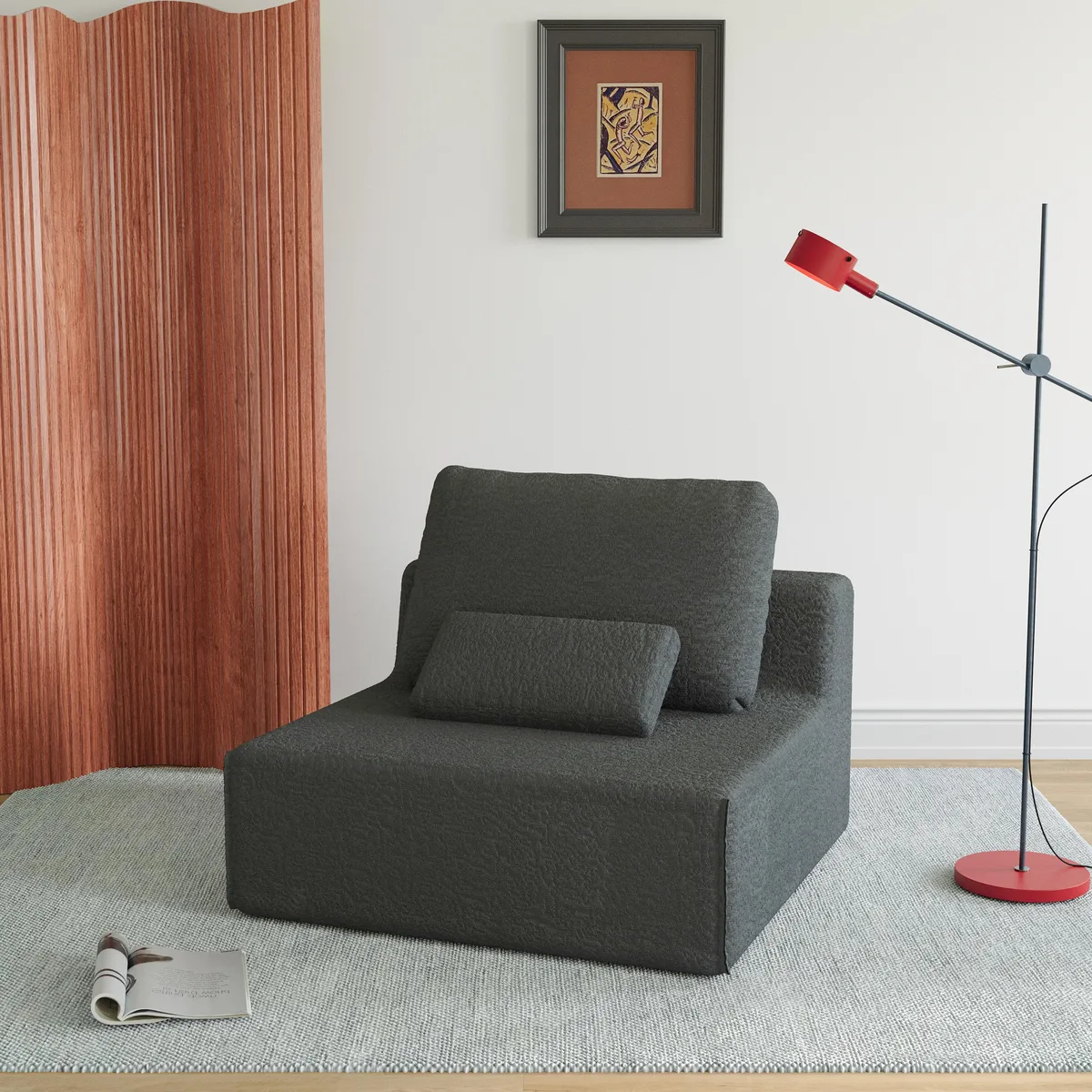 Grey modular foam sectional sofa with square sections and lumbar pillows