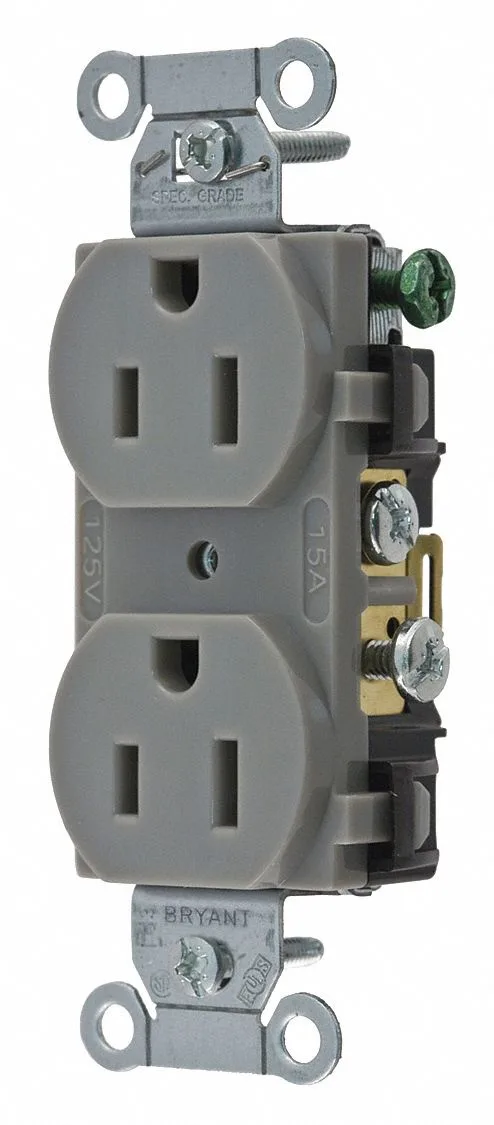 Gray rectangular duplex receptacle with two vertical slots and a round ground hole per outlet, smooth matte finish