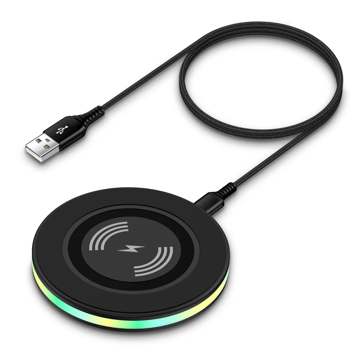 Thin round wireless charging pad with arc edge, dark metal finish