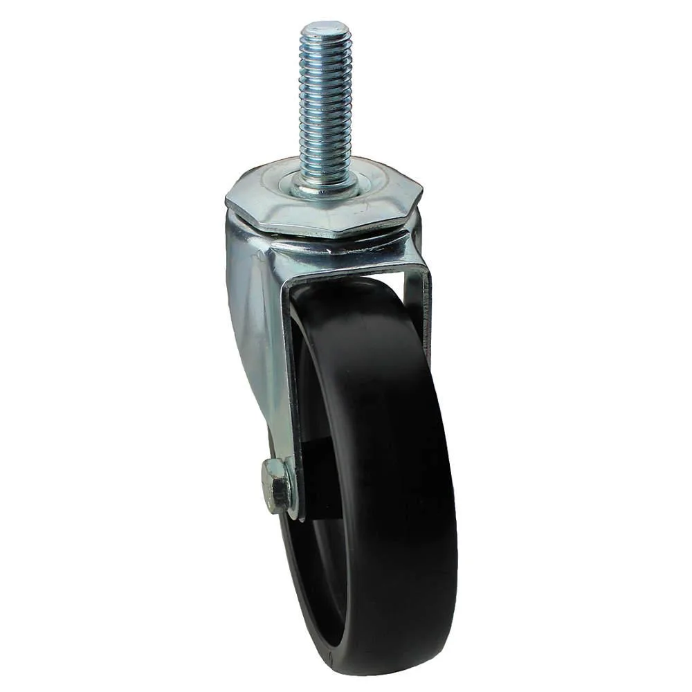 Silver zinc-plated steel swivel stem caster with black polyolefin wheel, threaded stem visible