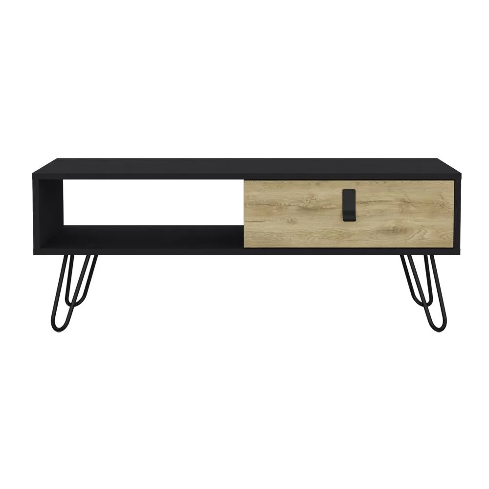 Rectangular coffee table with black top, macadamia shelf and drawer, metal legs