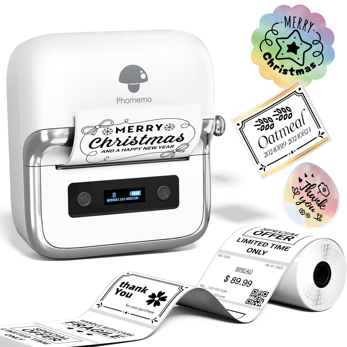 Compact white label printer with tape roll visible, 16 cm cube shape, matte finish, USB port on side