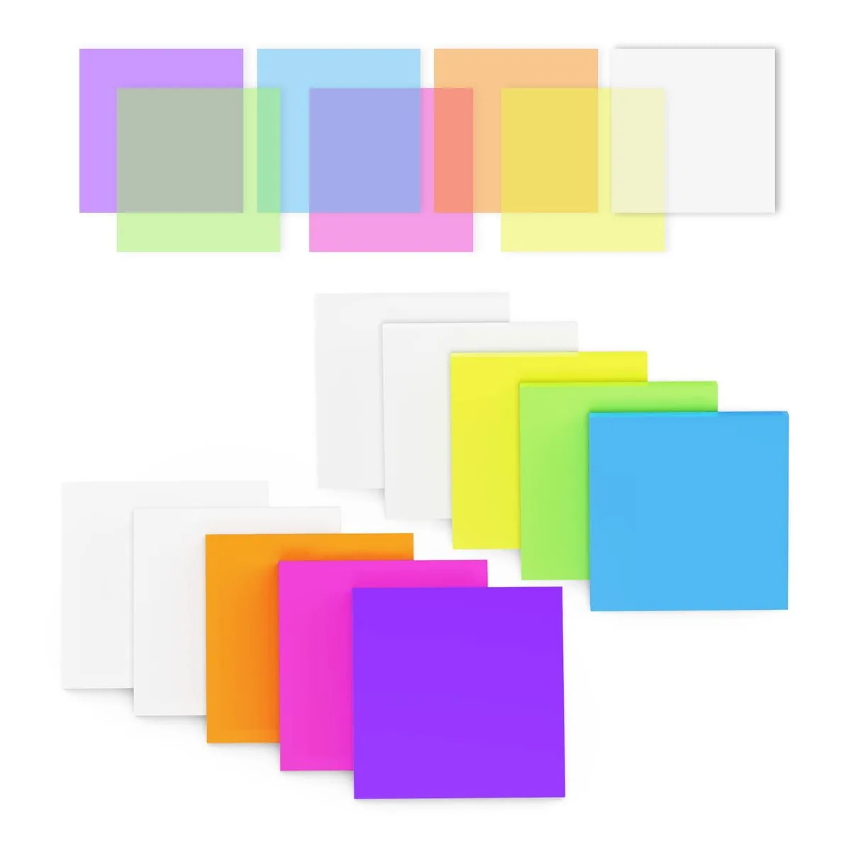 Ten pads of square translucent sticky notes in neon colours, 500 sheets total