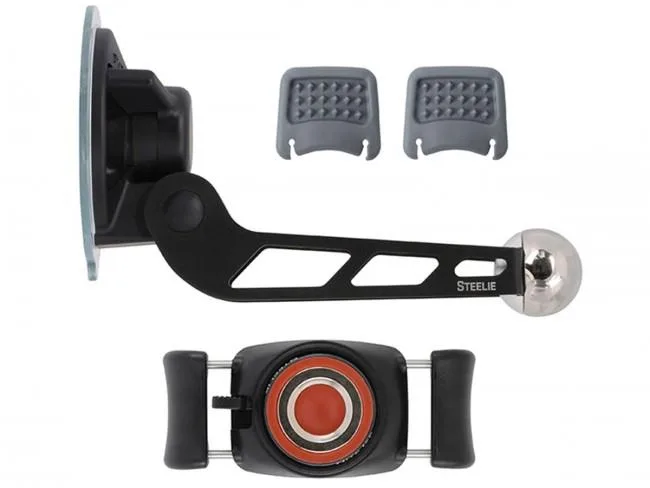 Black windshield suction mount with adjustable spring-loaded phone cradle and magnetic ball socket