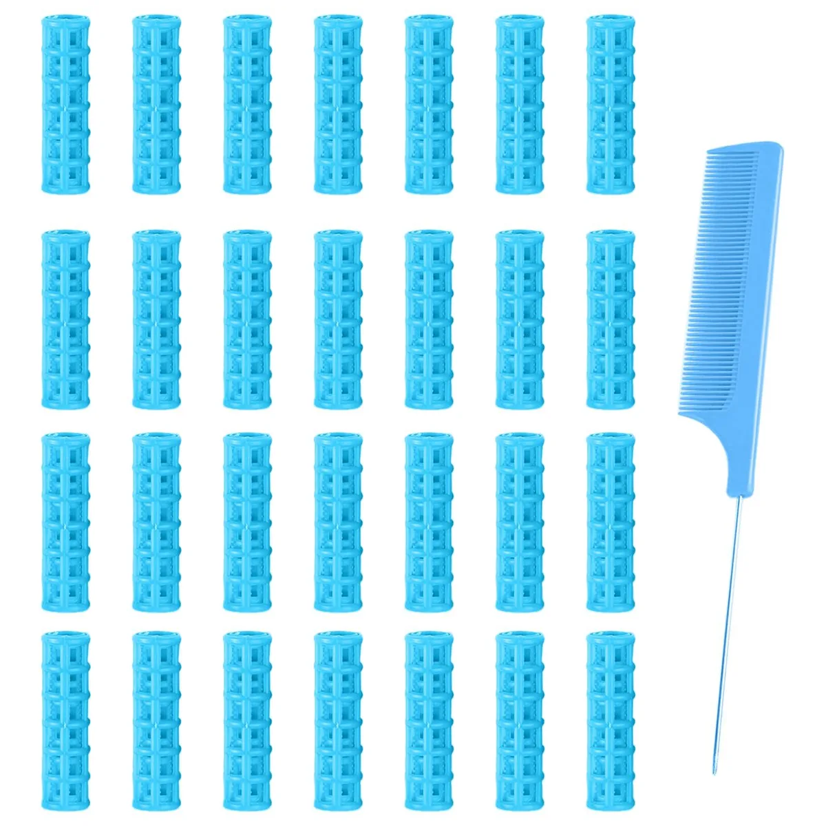 Twenty-eight small blue plastic hair rollers with a comb
