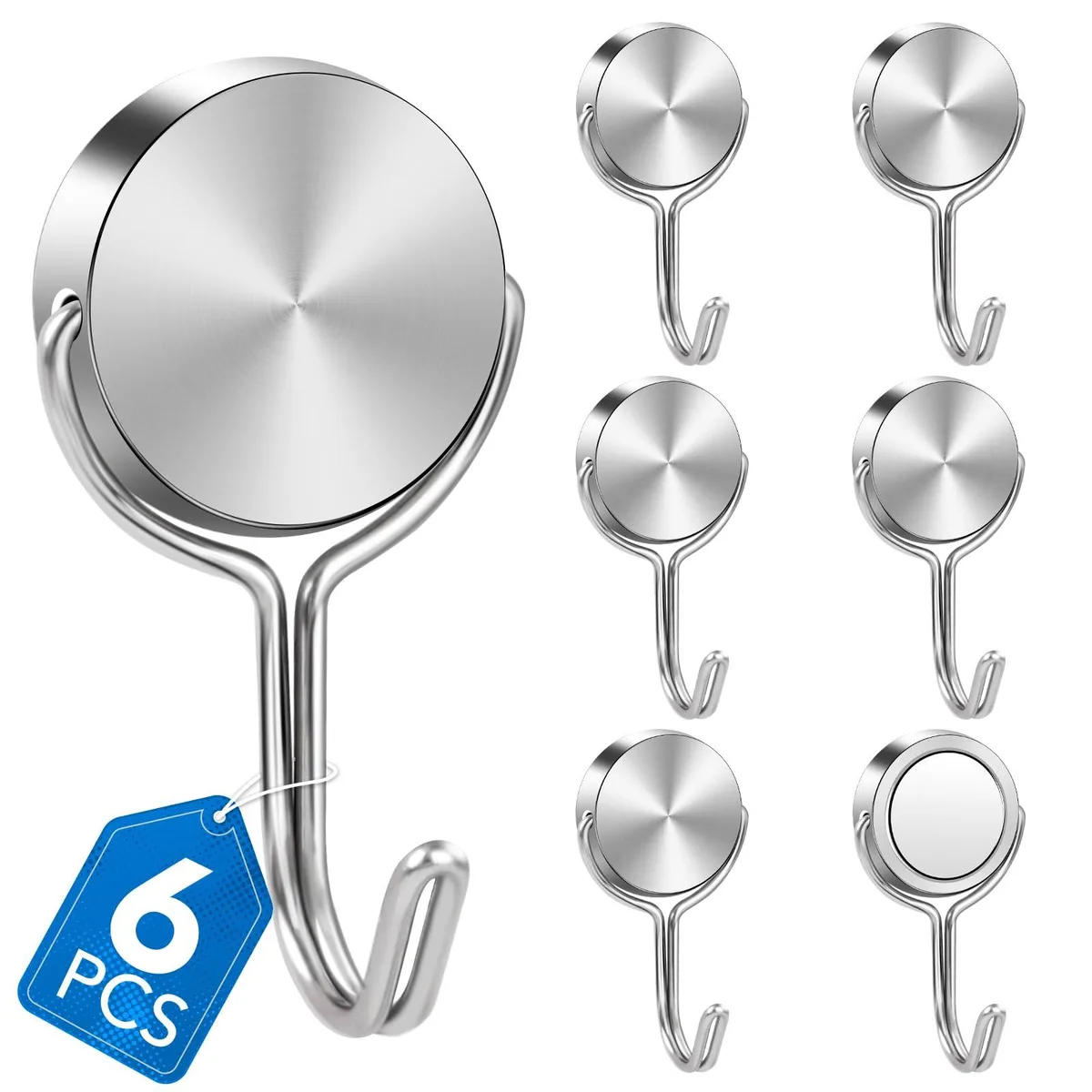 Six magnetic hooks with shiny nickel finish and rotating bases
