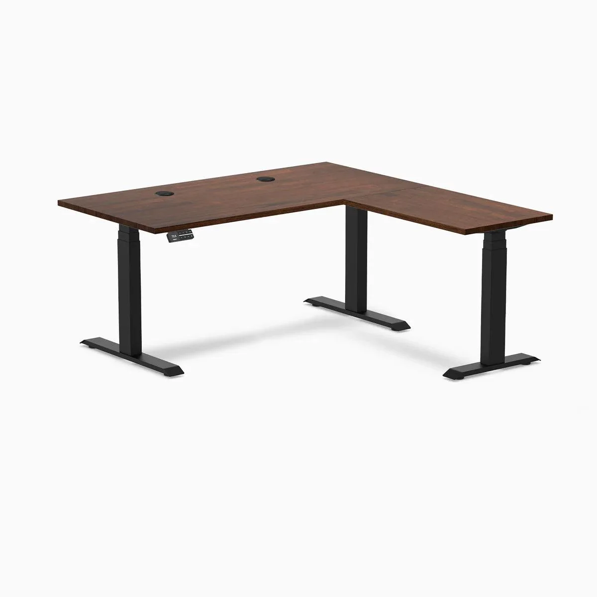 Desky Desky Rubberwood L-Shape Sit Stand Desk Red Walnut 60 x 30 x 62 x 20 in Matte Black office furniture — product photo