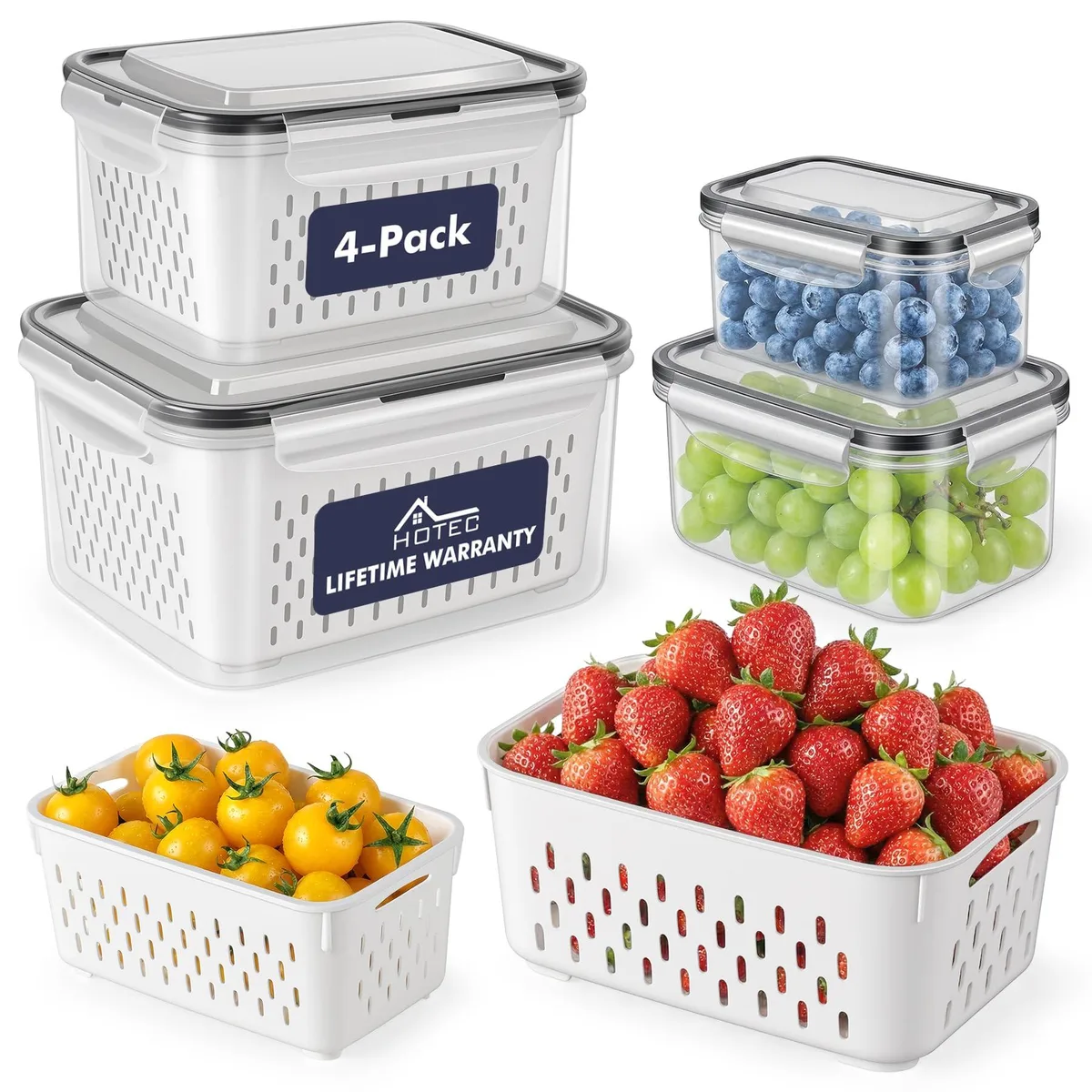 Four red plastic food containers with lids and a removable drain basket, largest 3.15L