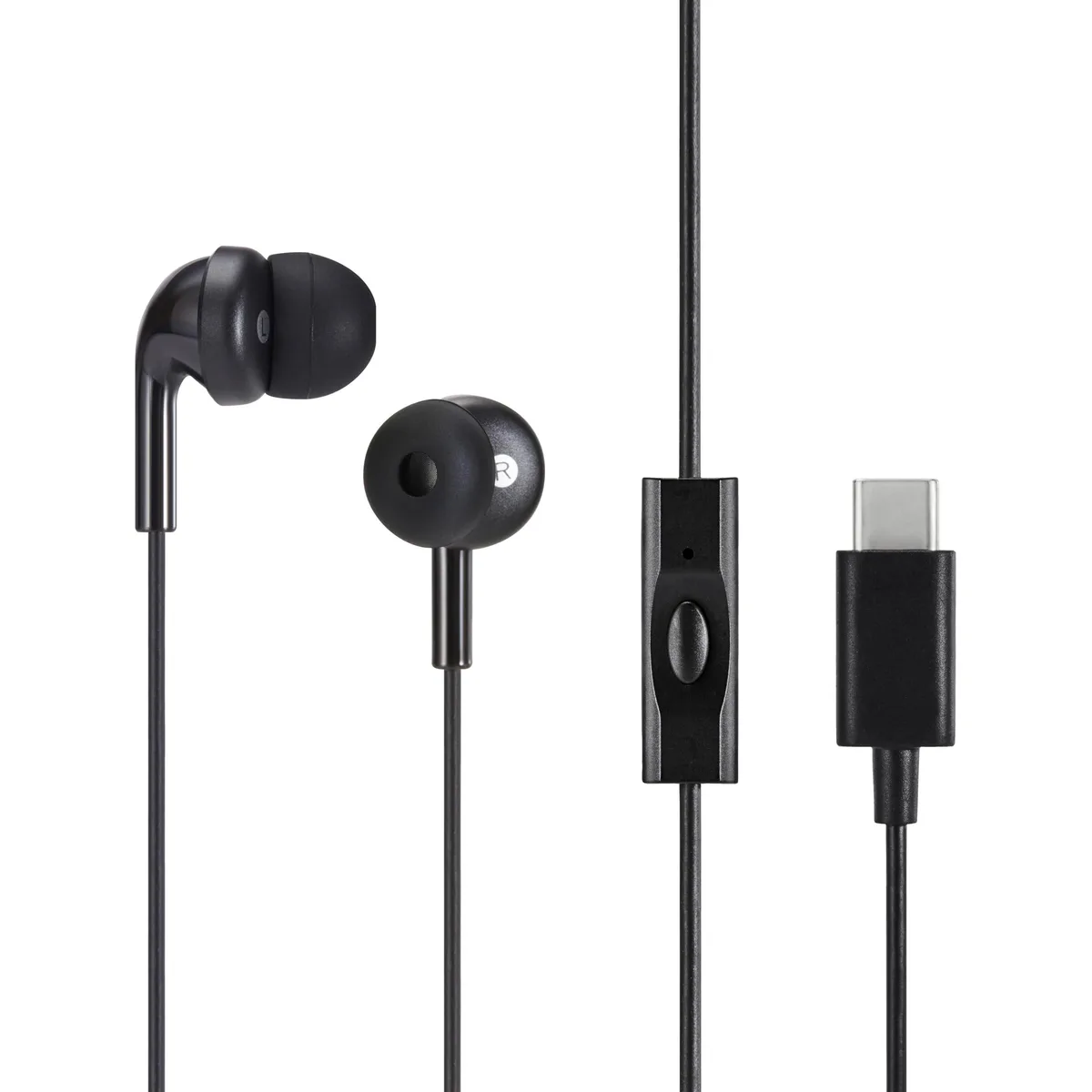 Black in-ear USB-C wired earbuds with microphone and inline control button, silicone tips, 4.2 ft cable