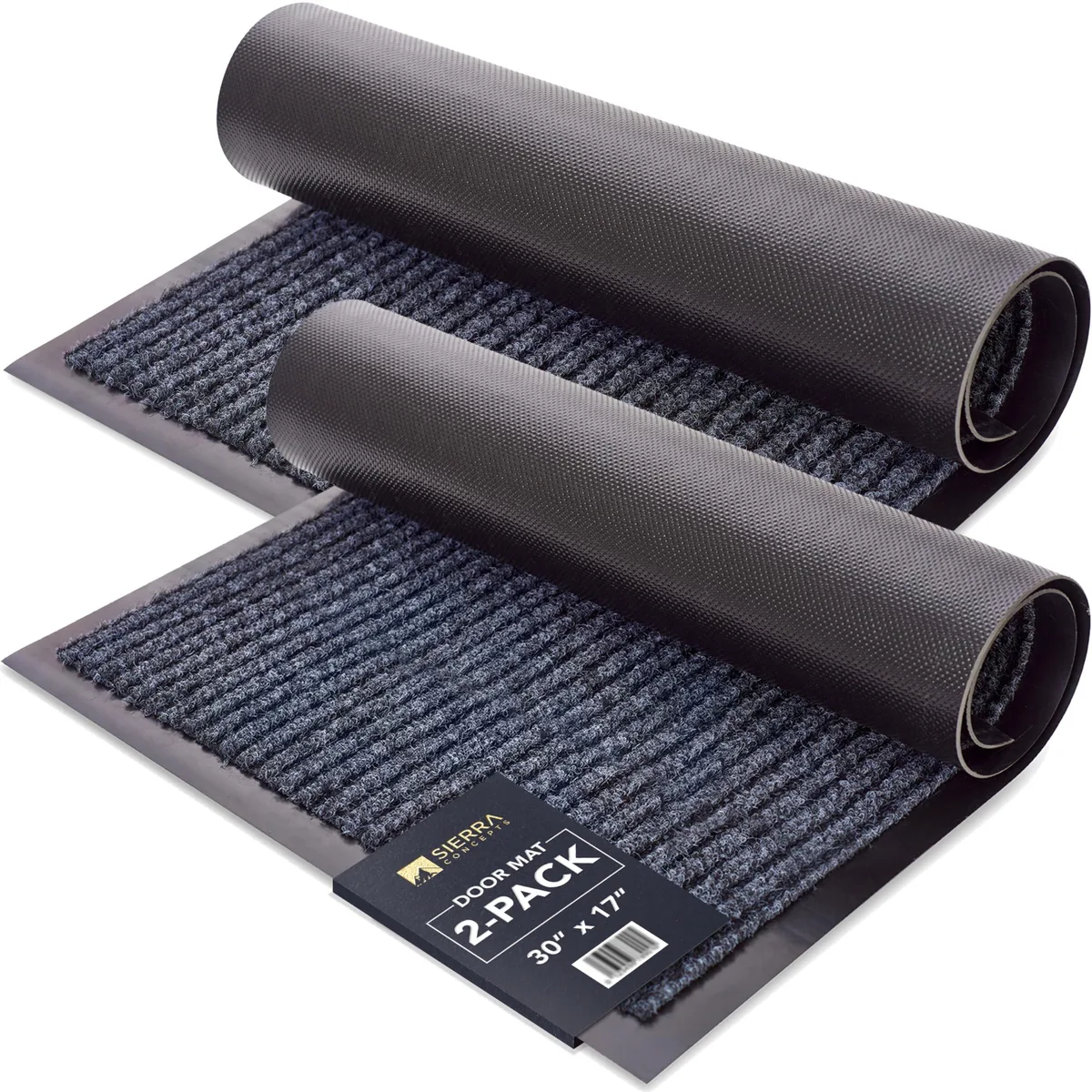 Two low-profile gray door mats, 30 by 17 inches, ribbed polyester with non-slip backing