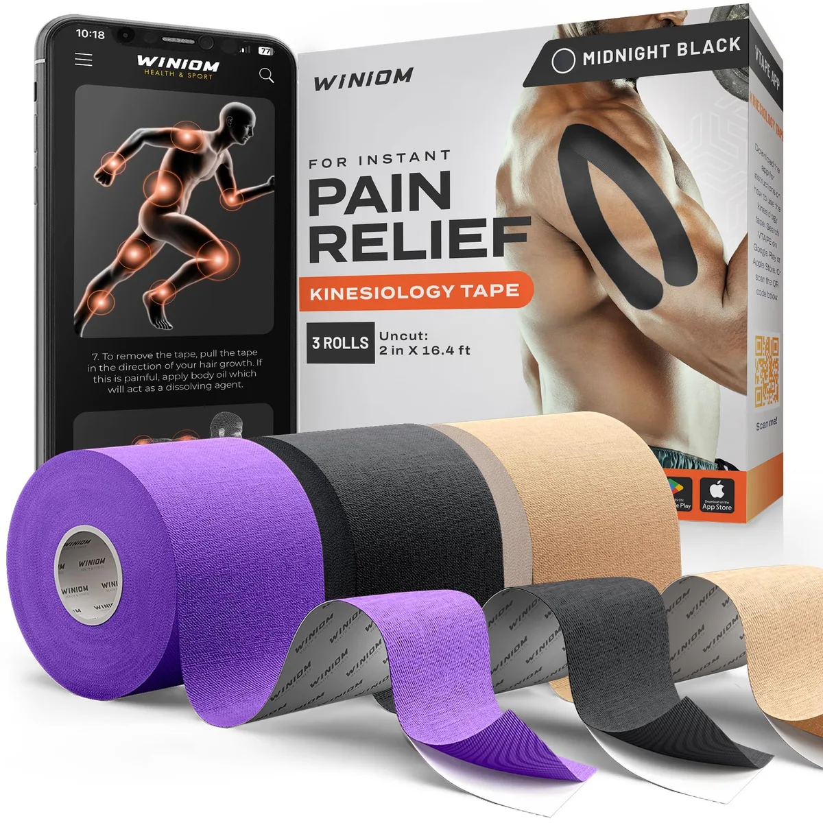  WINIOM Kinesiology Tape Uncut 2in x 16.4ft Mixed Colors B 3-Roll Sports Medicine — product photo