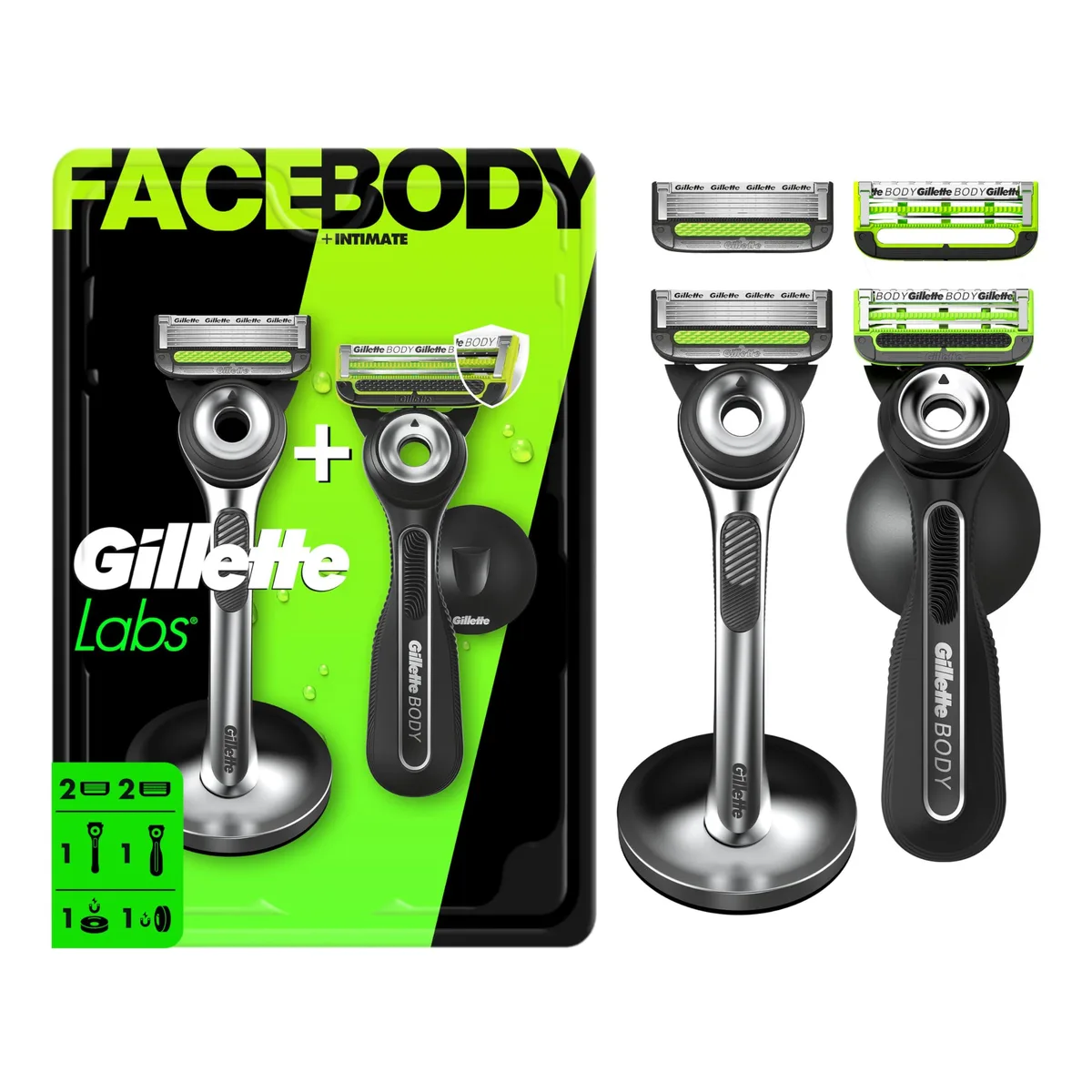 Gillette Labs razor duo pack with two handles, four cartridges, magnetic stand and shower hook