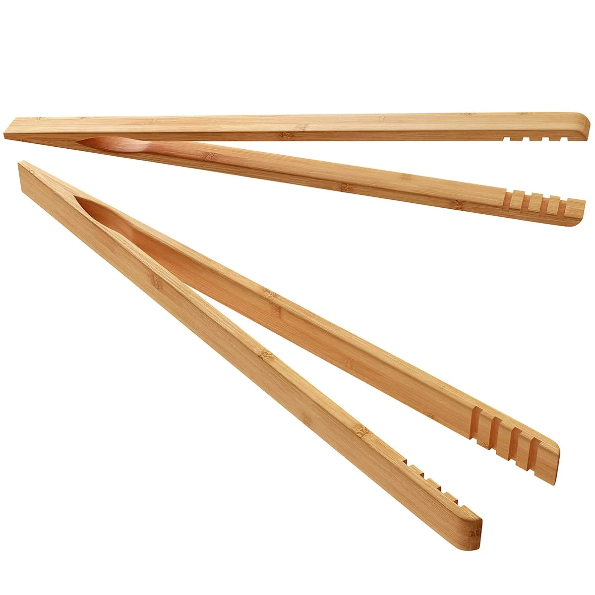 Two yellow bamboo toast tongs 10.2 inches long with anti-slip design
