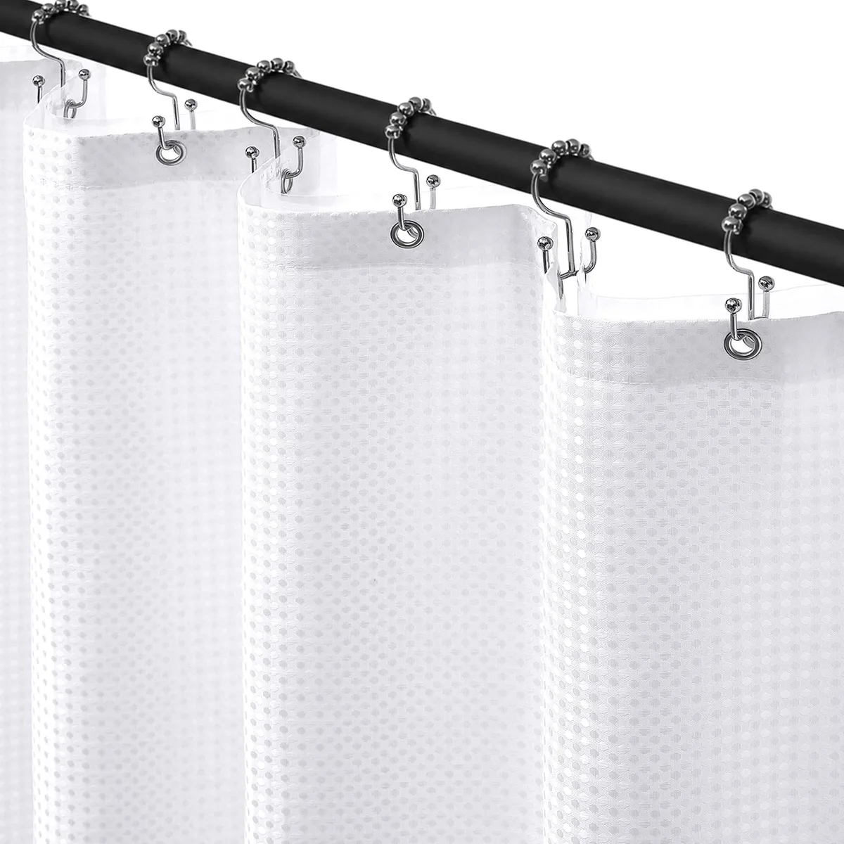 White waffle shower curtain with clear liner and 12 stainless steel hooks