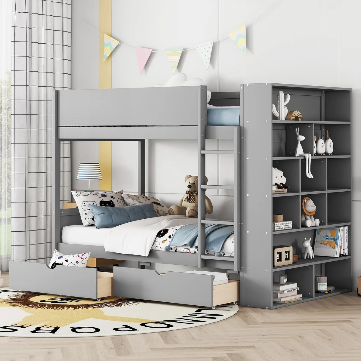 Gray twin-over-twin bunk bed with two drawers and a multi-layer cabinet, solid wood and MDF construction