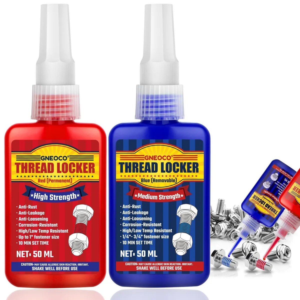 Two 50ml bottles of blue and red threadlocker liquid