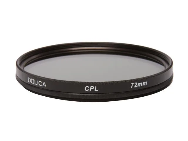 A thin 72mm circular polarizer filter with black metal frame and clear glass