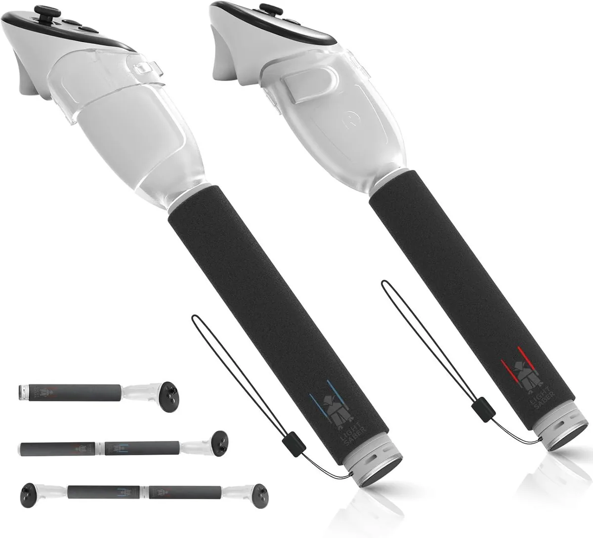 Two black VR controller handle attachments with sponge grips and wrist straps