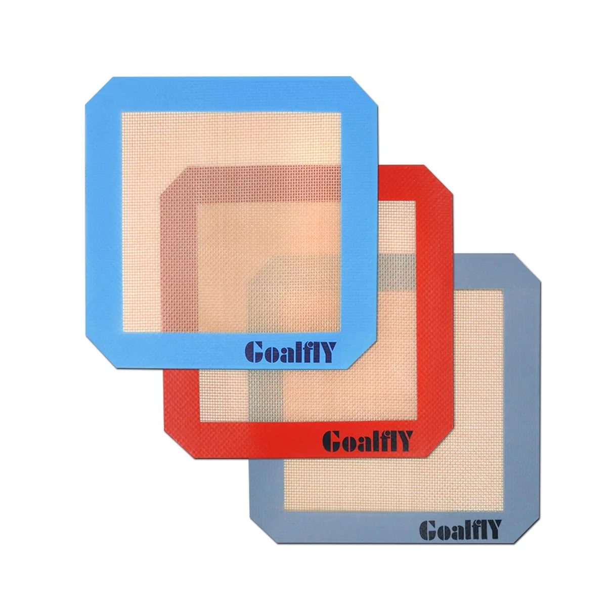 Three square silicone mats in red, blue, grey