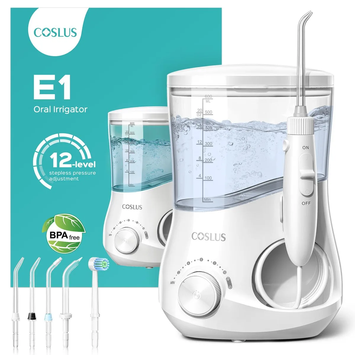 White countertop water flosser with large tank and multiple tips