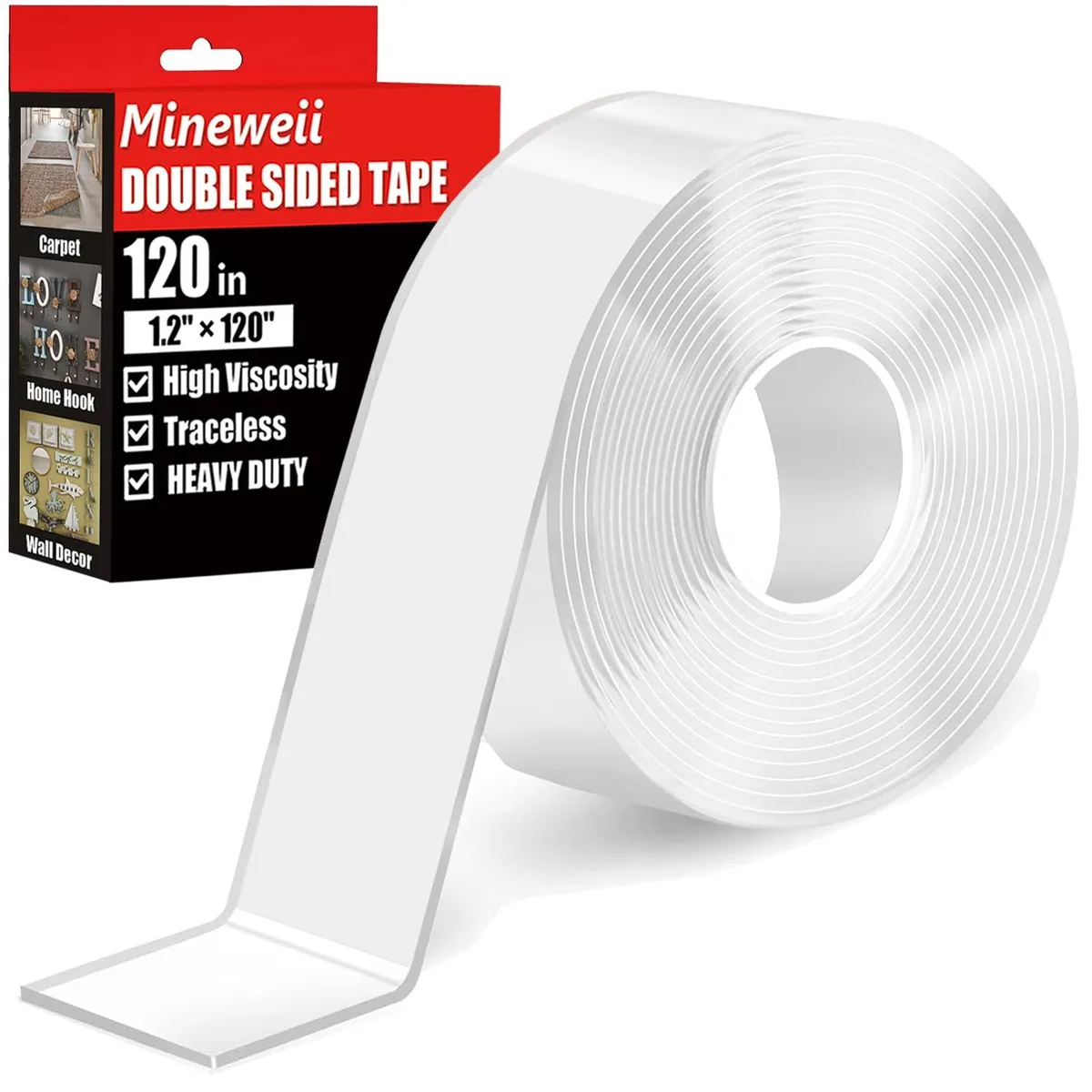 A roll of clear double-sided tape, 1.2 inches wide by 10 feet long, .07 inch thick