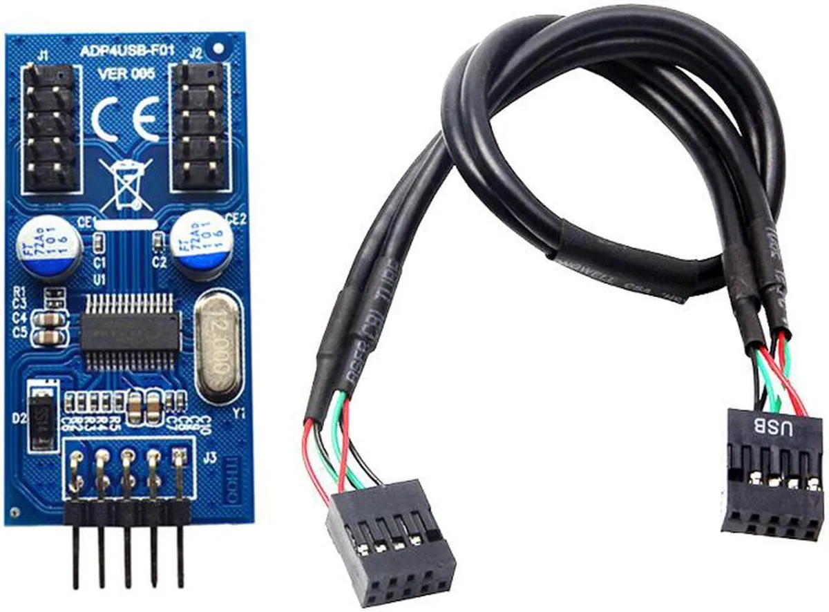 Black USB 2.0 9-pin male to dual female splitter cable with adhesive pad, 30cm length