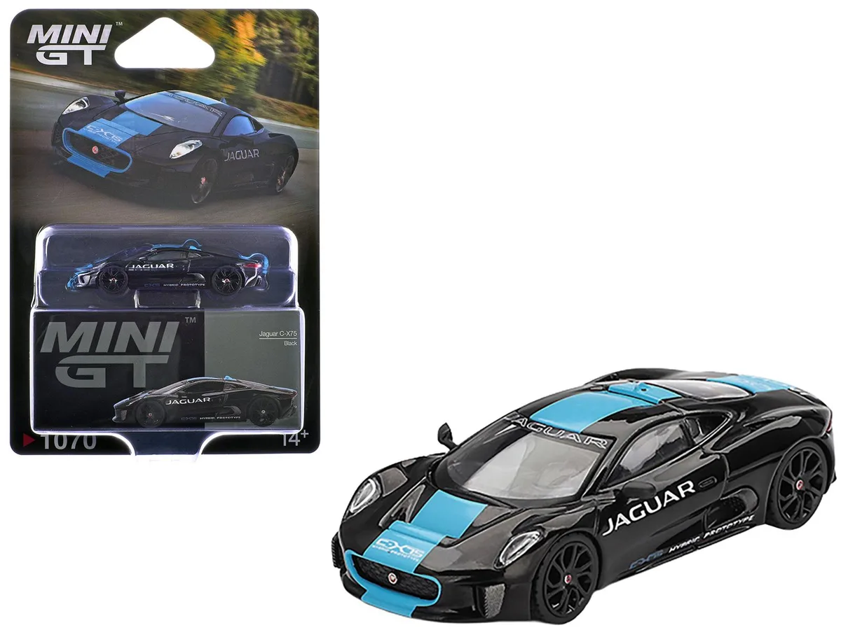 Mini GT Mini GT Jaguar C-X75 Black with Light Blue Stripe 1/64 Diecast Hobby Collectible — product photo