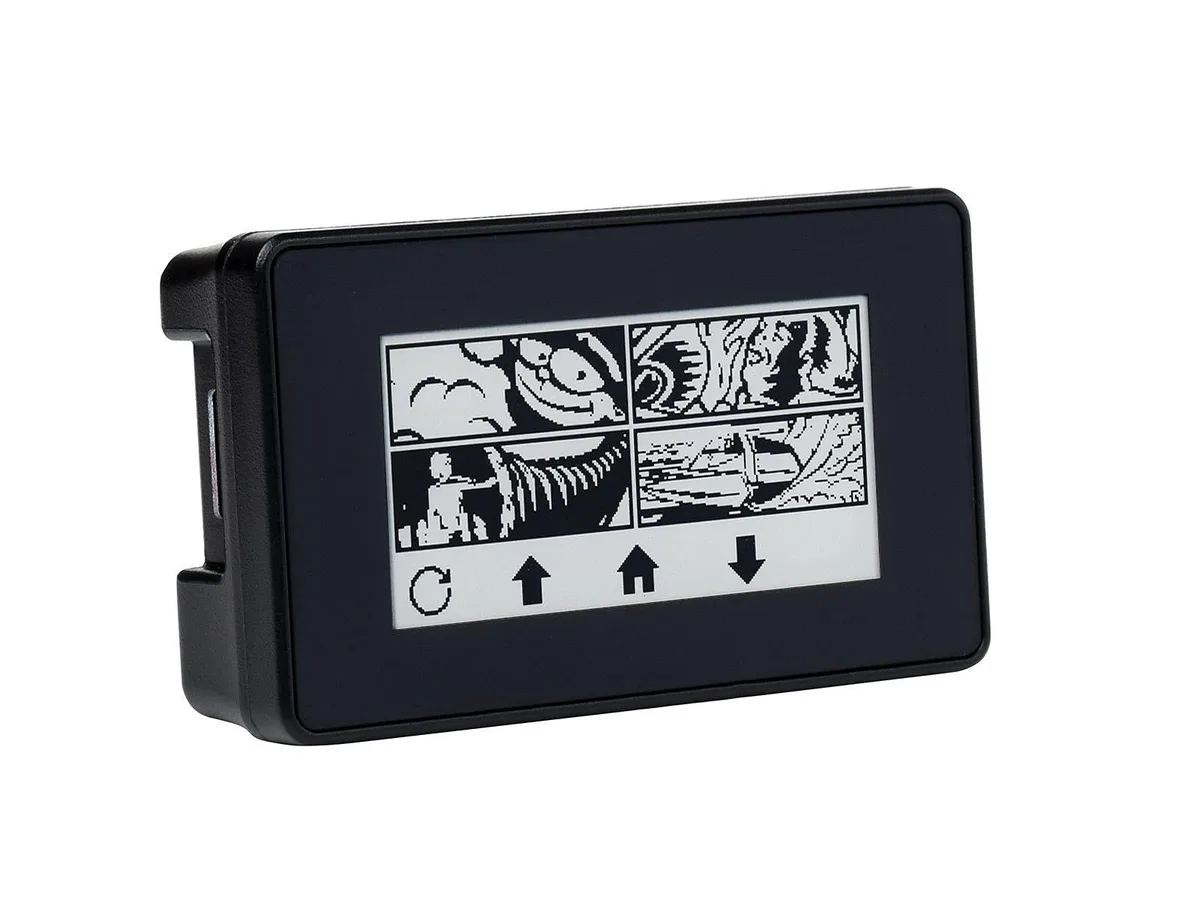 Small rectangular e-paper display with touch layer and black ABS case, 40-pin header visible