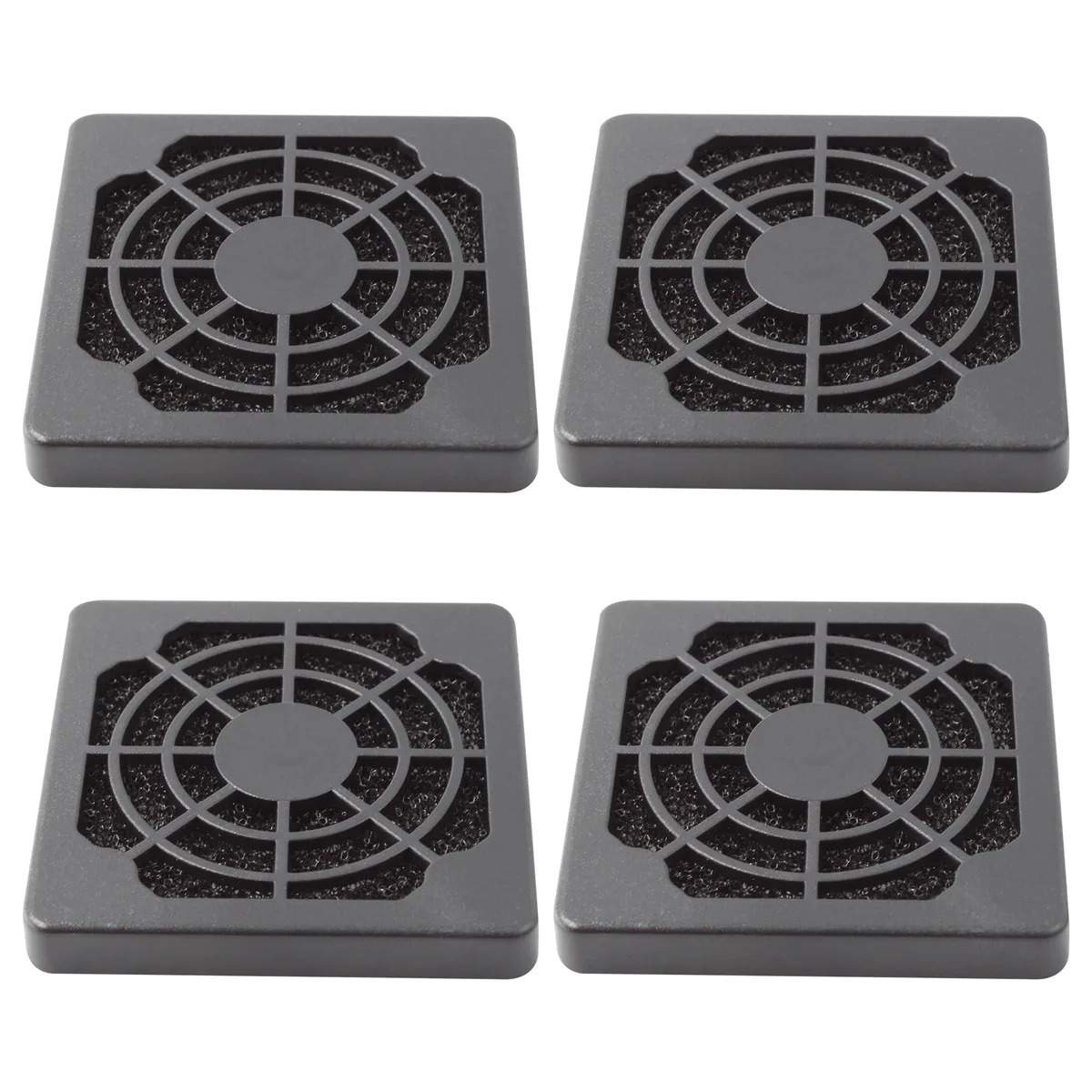 Four black square 50 mm plastic fan filter covers with fine mesh