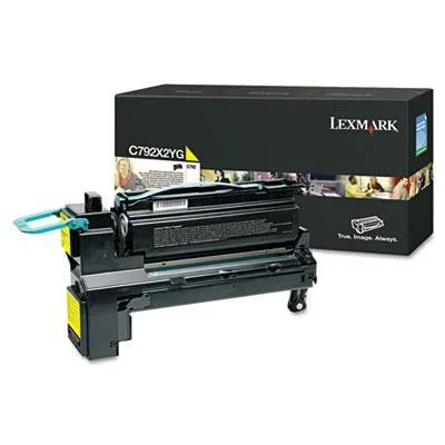 Yellow toner cartridge in rectangular box with Lexmark branding