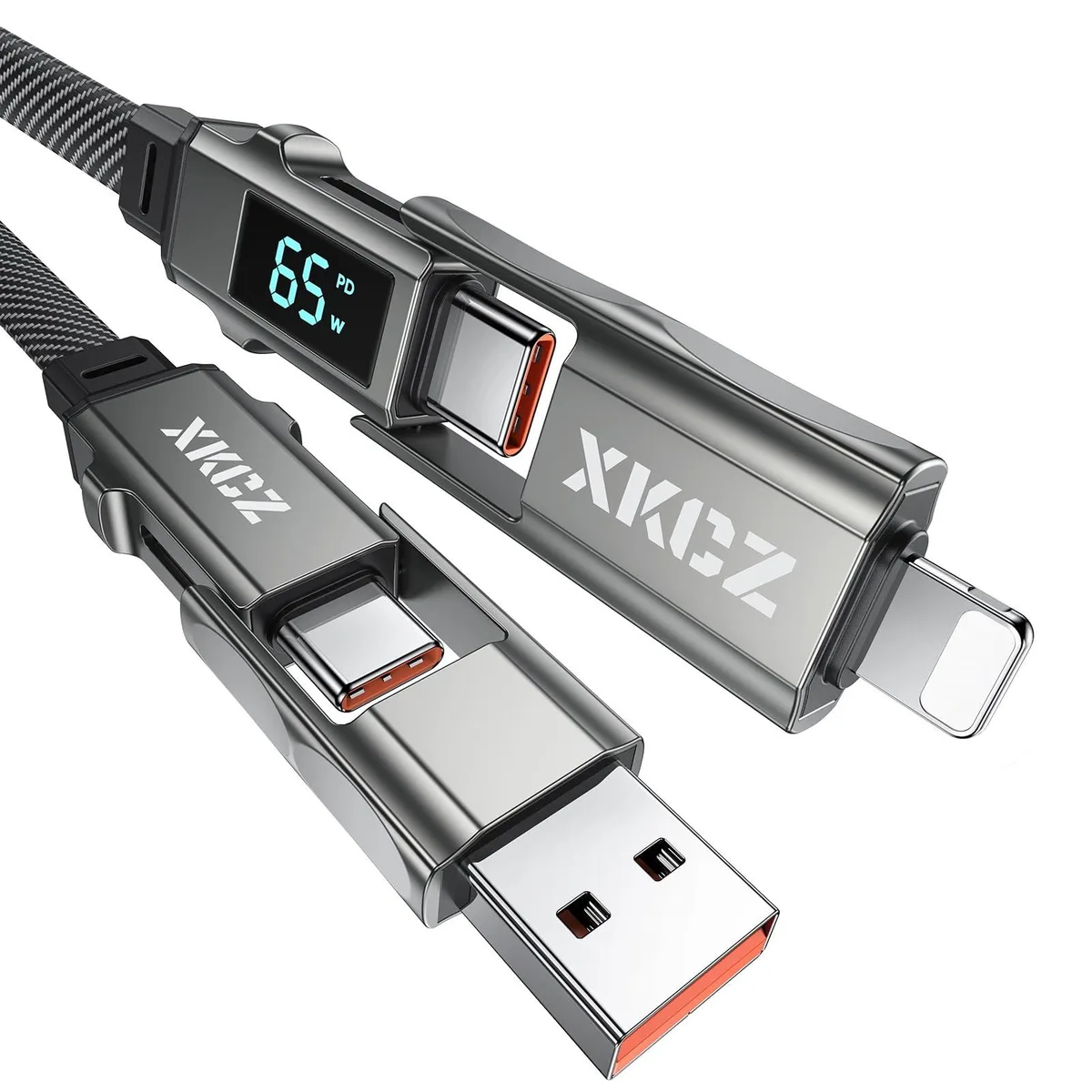 Flat braided USB-C cable with integrated wattage display and four connector tips
