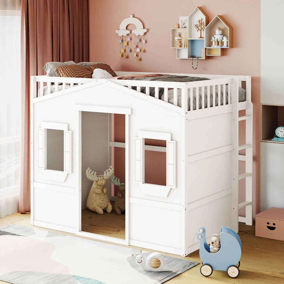 White solid-wood full-size loft bed with slanted ladder and guard rails, house-frame silhouette