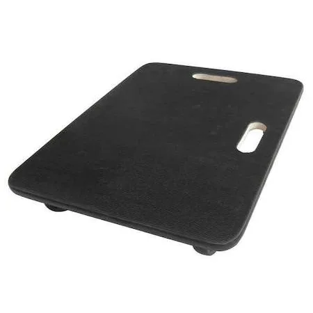 Black wooden dolly with textured deck and four wheels