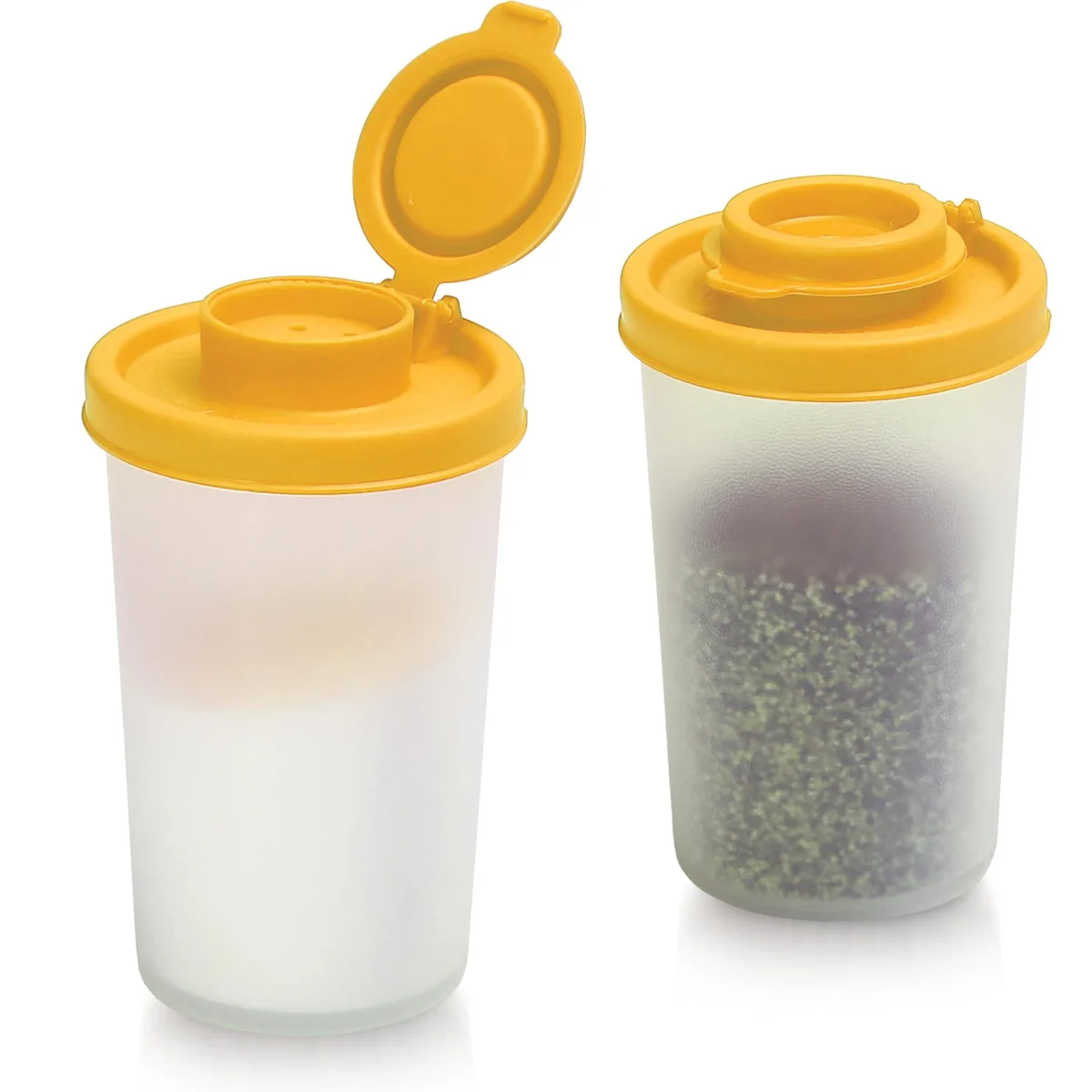 Two clear cylindrical plastic shakers with yellow lids, 140 ml each