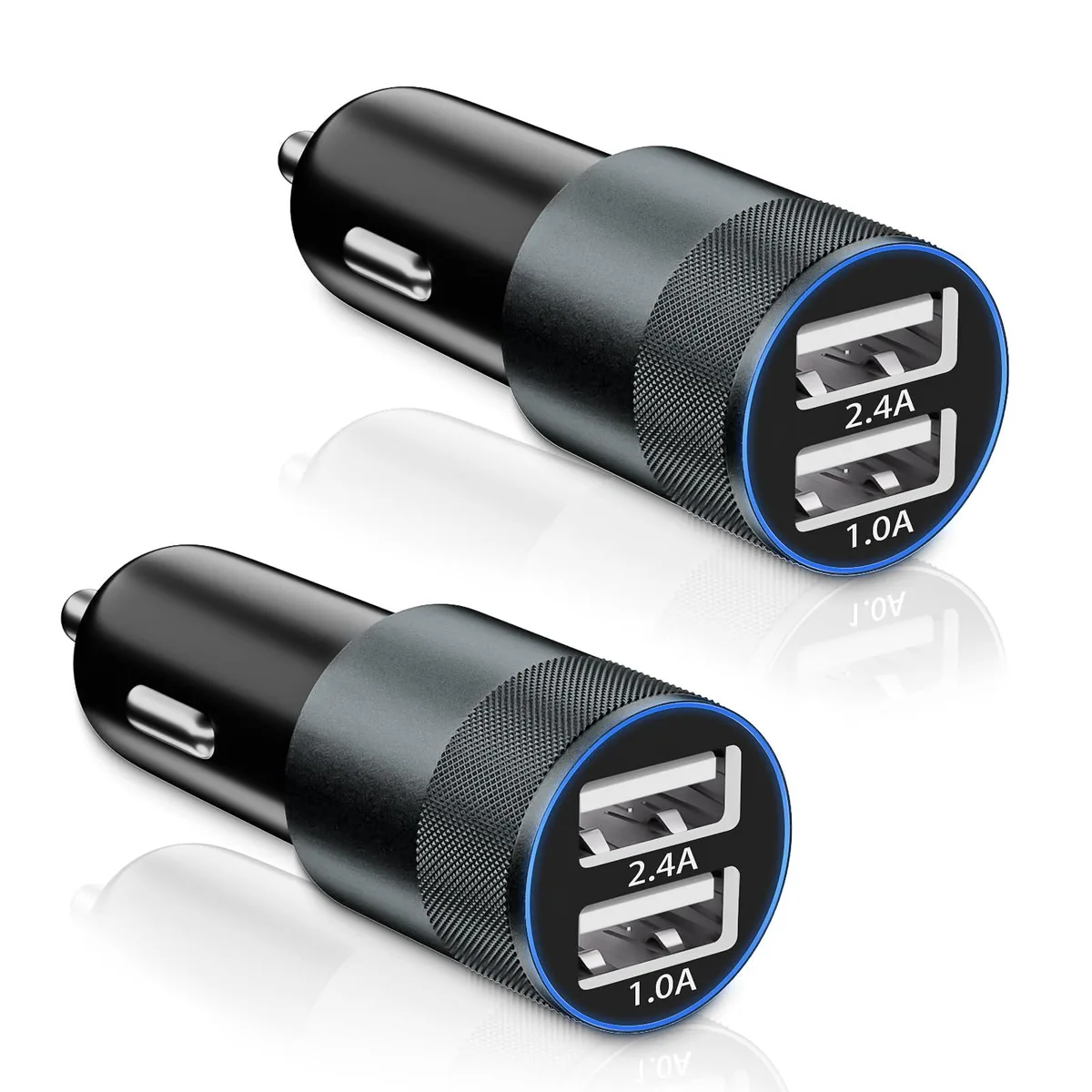 Two small silver aluminium car chargers with dual USB ports and blue LED indicators
