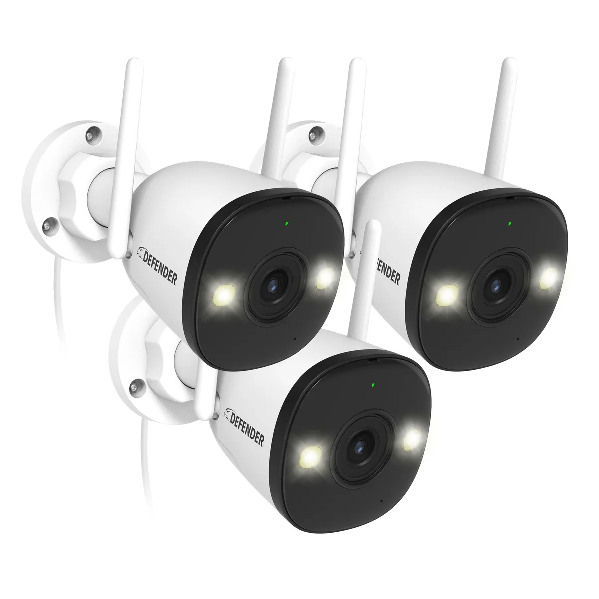 Three white bullet cameras with black lenses and front strobe lights, plug-in powered, sold as a triple pack