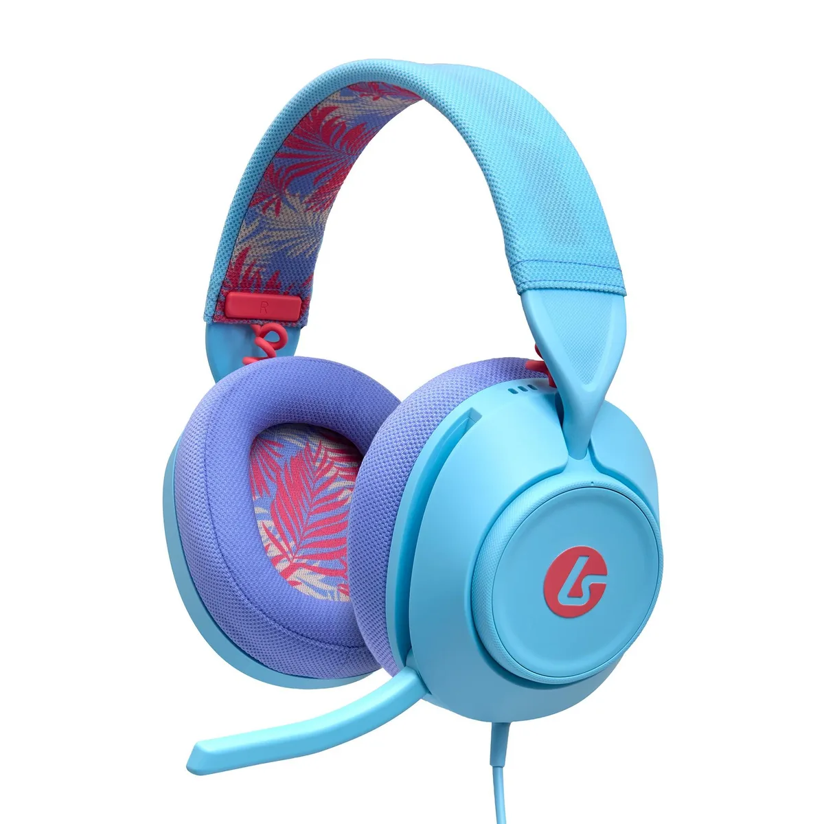 Blue on-ear wired headset with swivel cups and flip-up boom mic
