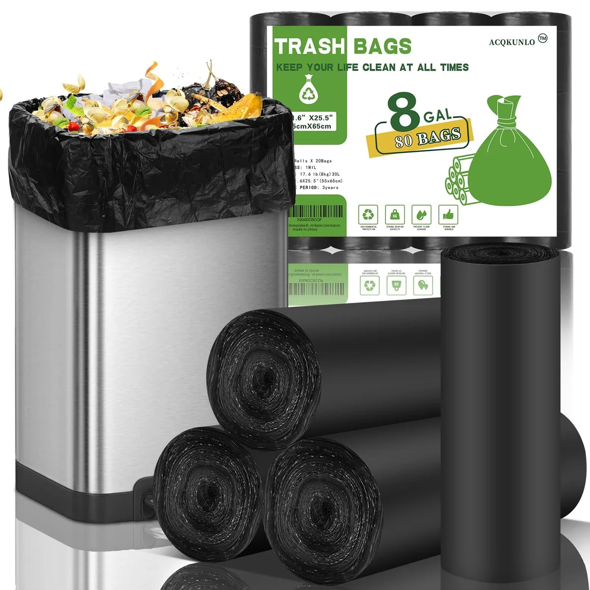 Pack of 80 black biodegradable trash bags, 8 gallon capacity