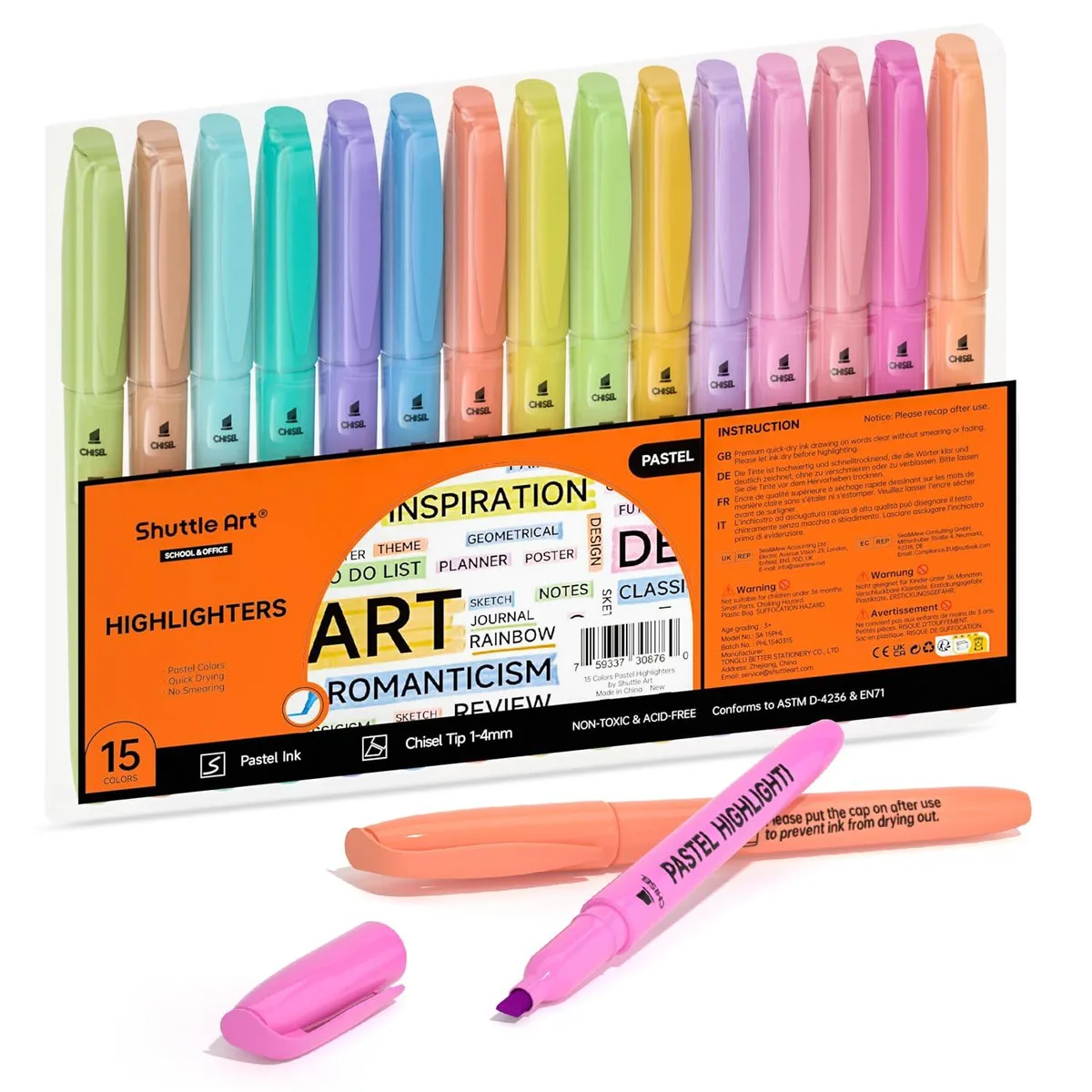  Shuttle Art 15 Pastel Highlighter Pens Chisel Tip — product photo