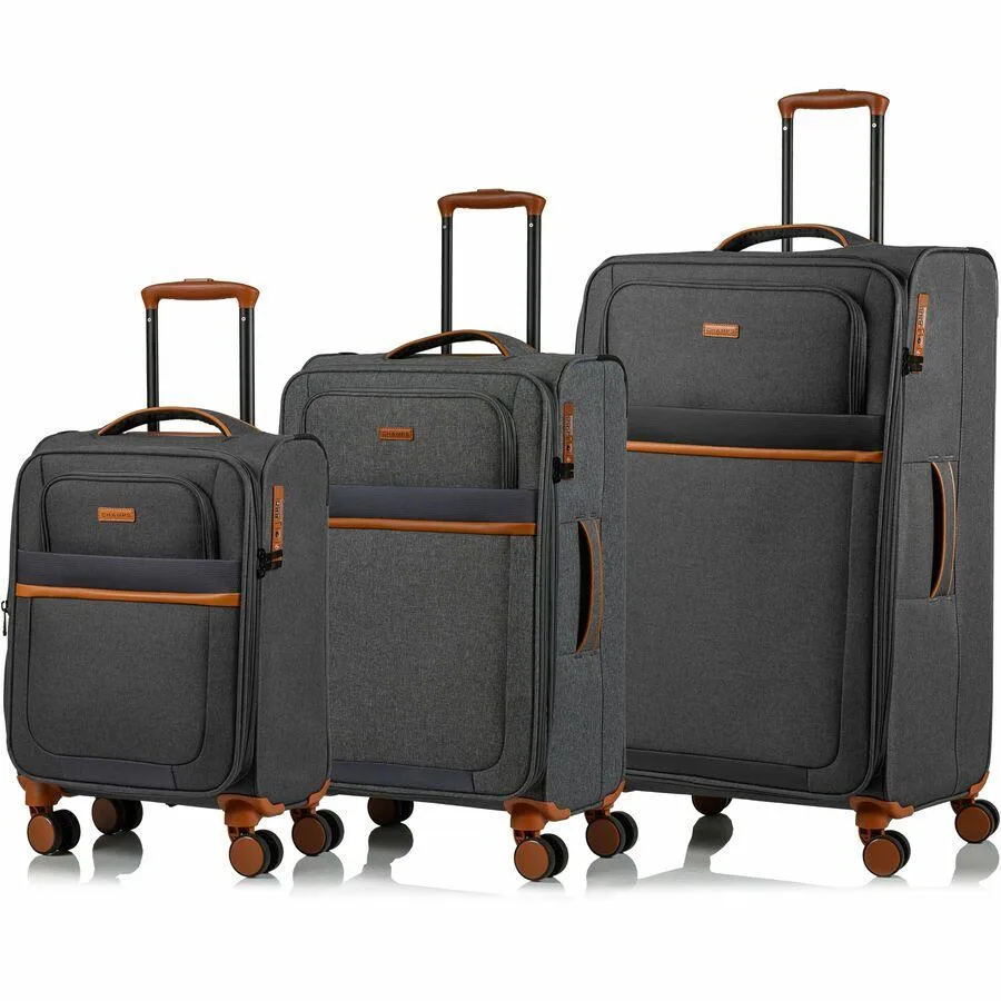 Three softside luggage pieces in grey nylon, carry-on to large check-in, recessed TSA locks, expandable design