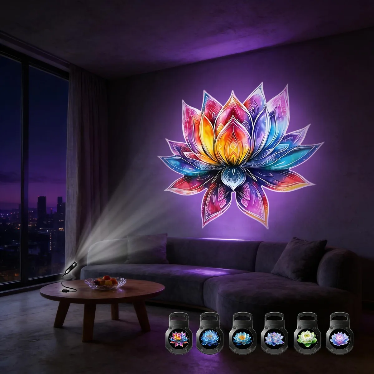 Lotus-shaped USB projector lamp with six interchangeable light sheets and 360° angle adjustment