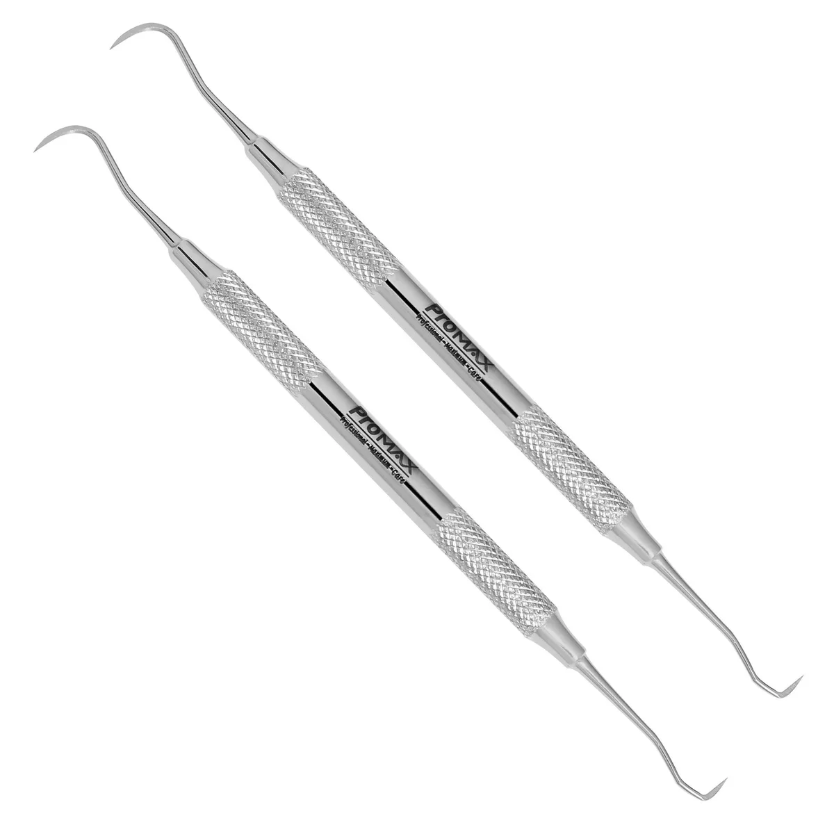 Two stainless steel double-ended dental scrapers on a light background