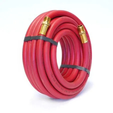 Black rubber air hose coiled with brass fittings on both ends